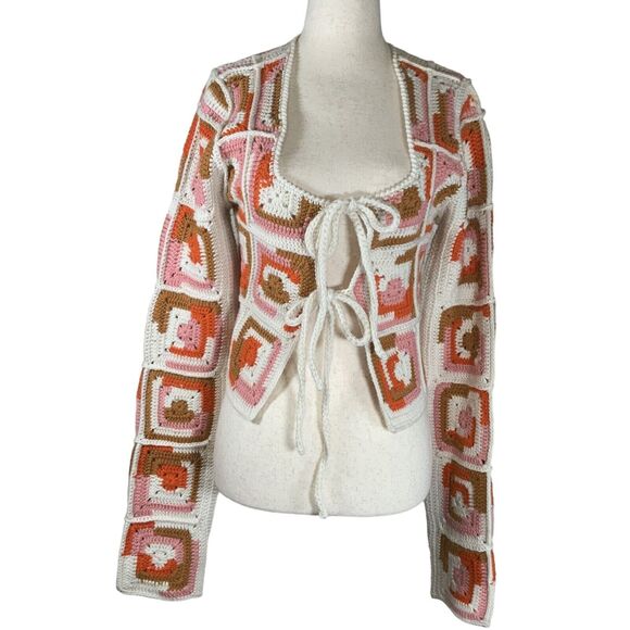 SEA NY Crochet Patchwork Cardigan Sweater Wool/Nylon Multicolor Jacket Size M - Picture 1 of 6